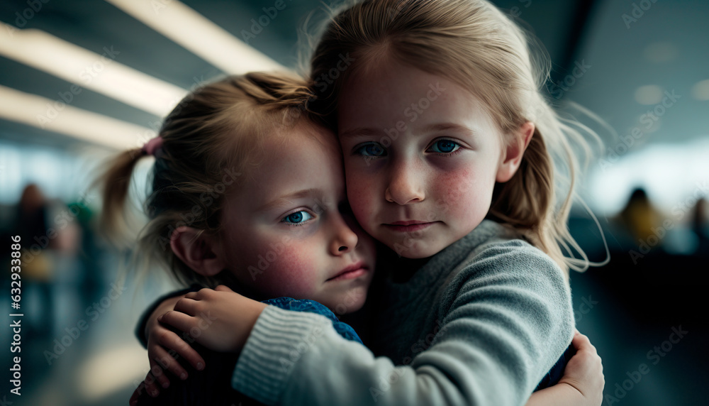 Image of two little girls hugging each other in a show of affection. Image created with ai Image of two little girls hugging each other in a show of affection. Image created with ai