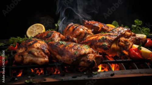 Close-Up of Grilled chicken full of herbs and vegetables on a blurred background
