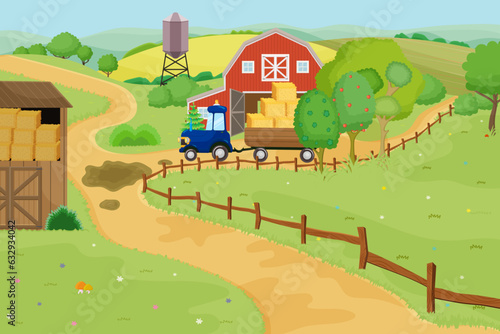 Summer on farm. Countryside agriculture. Village field landscape. Rural house. Nature scene. Cartoon ranch. Rustic design building. Hills on horizon. Fence along road. Vector illustration