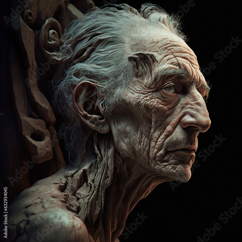 Detailed illustration of a statue of an emaciated old man, image created with ai photo