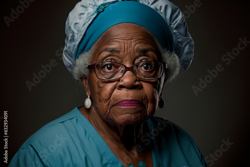 portrait of a senior person. Close-up Image of a Wise Nurse with Afro-American Featuresin Glasses, image created with ai
