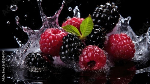 Close-Up of fresh blackberry and redberry splashed with water on black background and blur