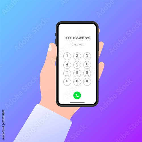 Telephone call. Flat, color, phone in hand, call on the screen, call to a friend. Vector illustration