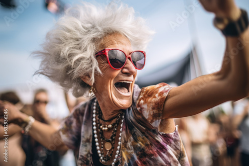 Fotografiet Energetic Senior Woman Embracing Youthful Spirit at a Party.