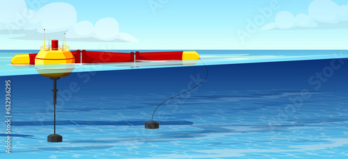 Wave energy plant. Alternative eco electric source. Environment nature industry. Renewable power. Water station. Tidal technology. Modern innovation. Clean production. Vector illustration