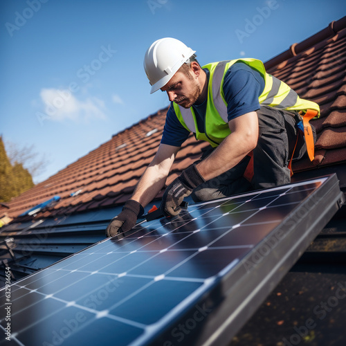Worker on a roof mounting solar panels