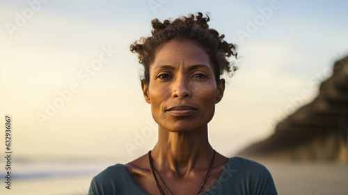 50 year old black female surfer sitting at the beach  looking at the camera  relaxed  in front of the ocean  analog photography look
