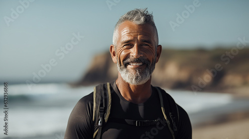50 year old male surfer sitting at the beach, looking at the camera, relaxed, in front of the ocean, analog photography look