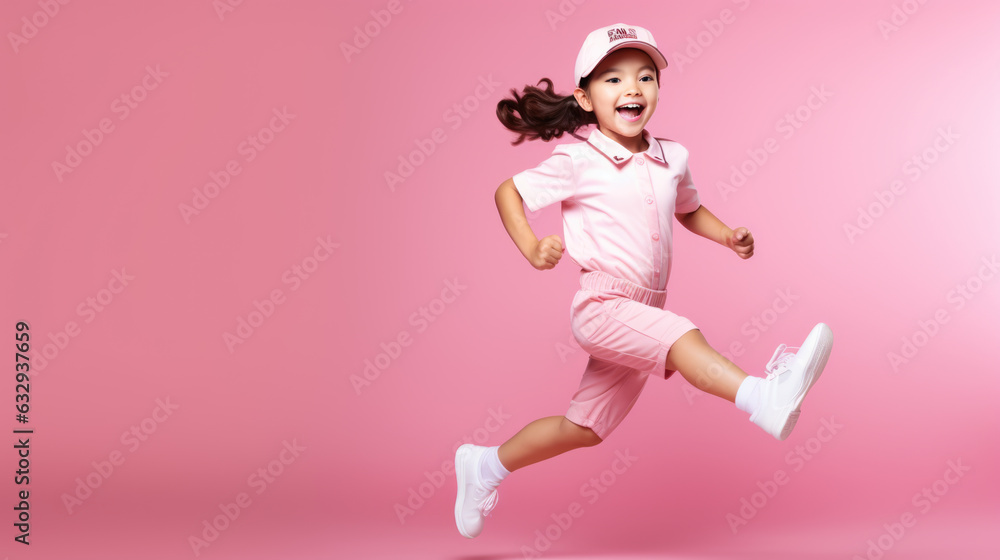 A little girl is running against a pink background. Created with Generative AI technology.