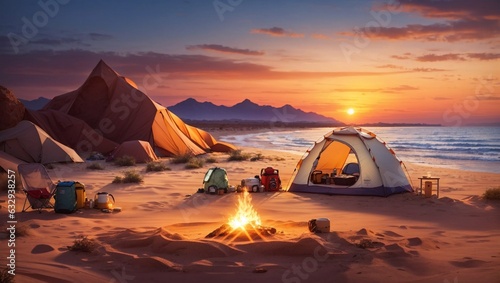camping on the beach with sunset