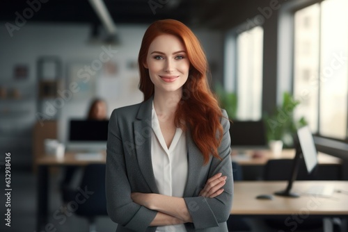 Smiling European Ginger Haired Woman Posing Wearing Formal Suit at Her Work Place.