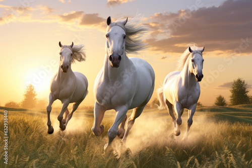 3 horses sprint in a sunset field, light white and silver