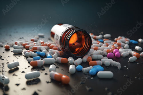 Various Pills Scattered Around the Surface. Colorful Pills Lying with Container on the Table.