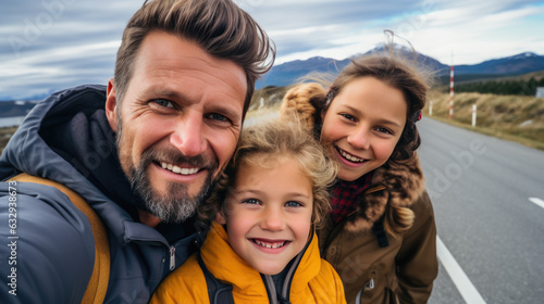 Happy family taking selfie on a trip. Created with Generative AI technology.