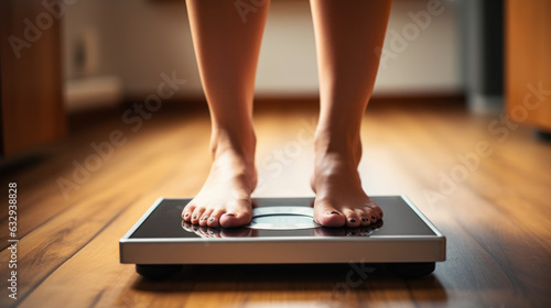 Cropped image of woman feet standing on weigh scales.