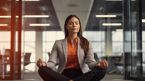 Young businesswoman does yoga at work in the office. Created with Generative AI technology.