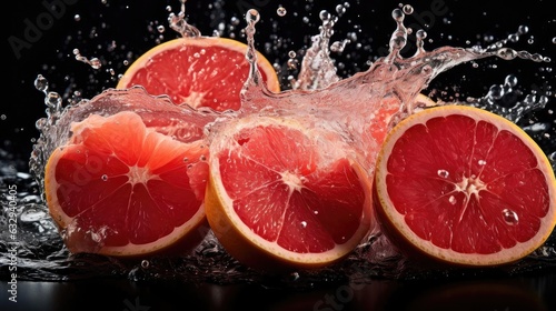 Close-Up of fresh grapefruits splashed with water on black and blurred background