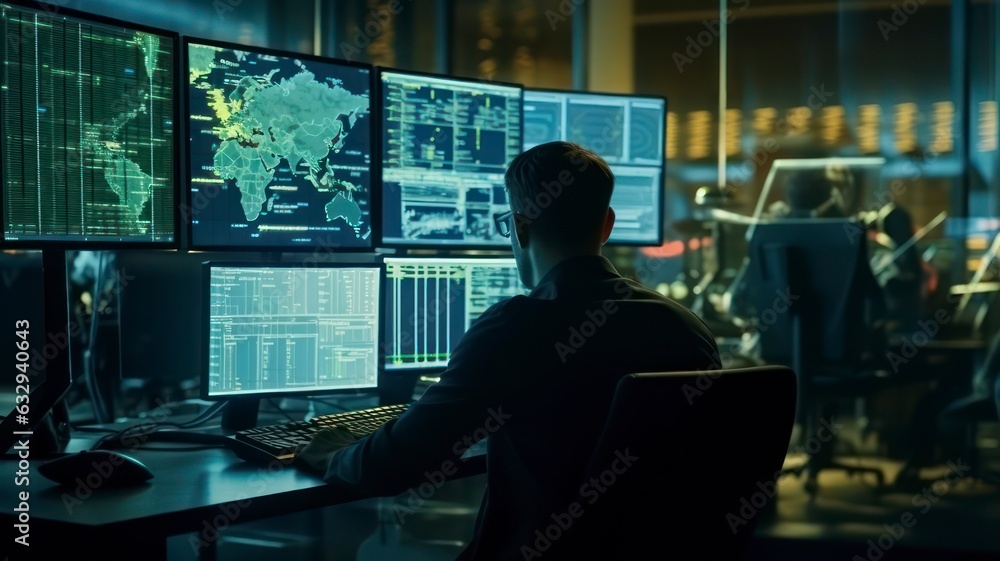 Technical Analyst Monitoring Data on Multiple Screens, Optimizing Assets and Mitigating Risks