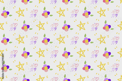 Seamless pattern with stars, hearts and flowers. Background illustration.