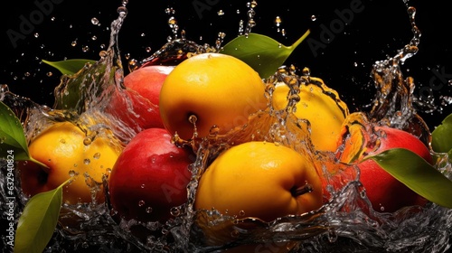 Close-Up of fresh yellow mangoes splashed with water on black and blurred background