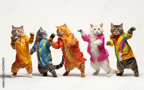 dancing cats Cats dressed in bright attire are dancing with laughter, crafting an utterly delightful show filled with a sense of joy. A pet-inspired concept.