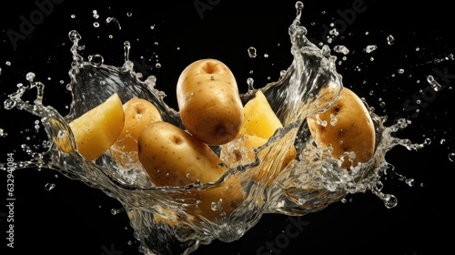 Close-Up of fresh potatoes splashed with water on black and blurred background