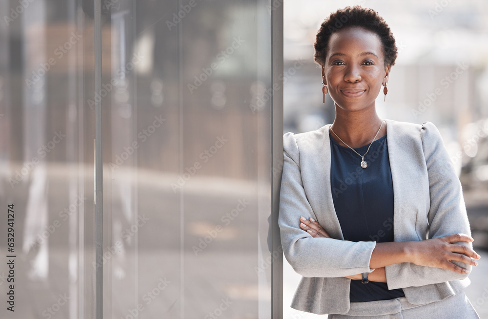 Balcony, proud and portrait of black woman accountant confident and ready for finance company growth or development. African, corporate and young employee or entrepreneur in Nigeria startup business Balcony, proud and portrait of black woman accountant confident and ready for finance company growth or development. African, corporate and young employee or entrepreneur in Nigeria startup business