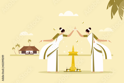 Illustration of women performing 'Thiruvathira' dance. Concept for Onam festival in Kerala, India