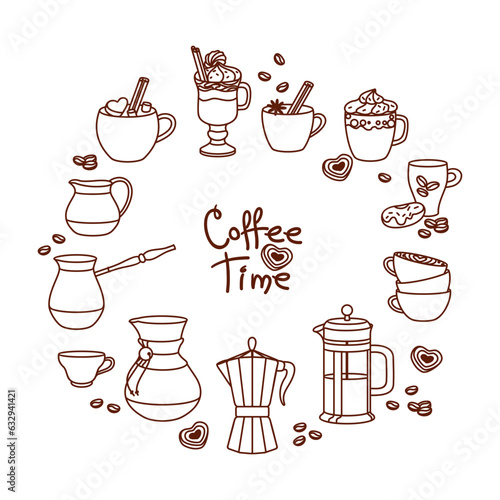 Various types of coffee preparation. Coffee pots and cups. Outline icons set. Vector.