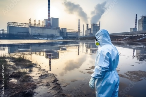 Hazmat Worker in Protective Gear Collecting Water Samples from Polluted River Near Industrial Plant  Highlighting Importance of Environmental Responsibility in Manufacturing.