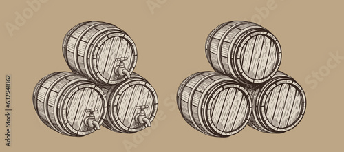 Hand drawn wooden barrels. Barrel stack sketch sepia label. Winery elements. Engraving rum or cognac emblem. Vector