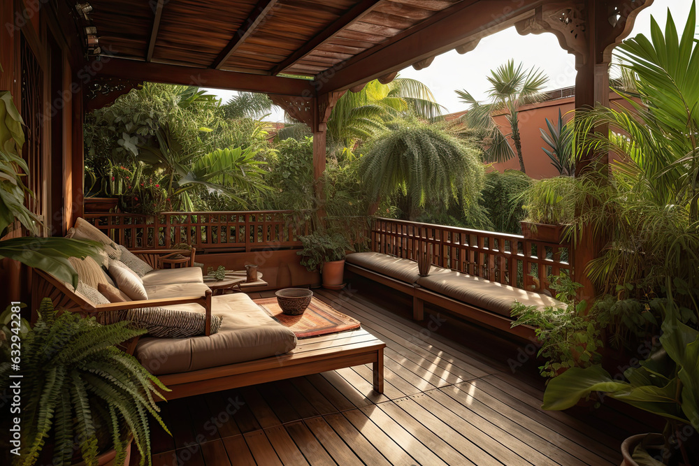 Fototapeta premium Illustration of an interior with a noble tropical wood floor and tropical plants in the background, generative ai.
