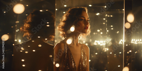 actress in the backstage looks sad in the mirror with lights in the background photo