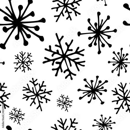 Vector.Doodle snowflakes.Seamless pattern with snowflakes on a white background. Hand-made illustration for holiday design, new year, christmas, winter, snowballs, snow, background, paper, wallpaper,