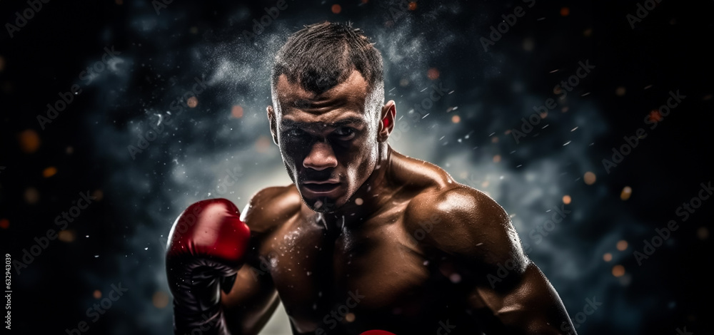 Strong boxer standing in pose and ready to fight. Dark dramatic stadium background. Banner with copy space. Shallow field of view.