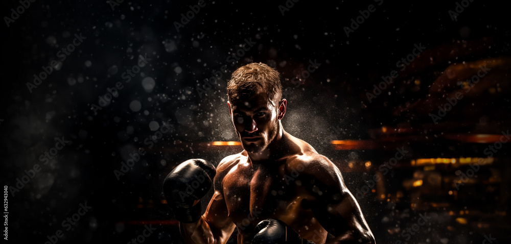 Strong boxer standing in pose and ready to fight. Dark dramatic stadium background. Banner with copy space. Shallow field of view.