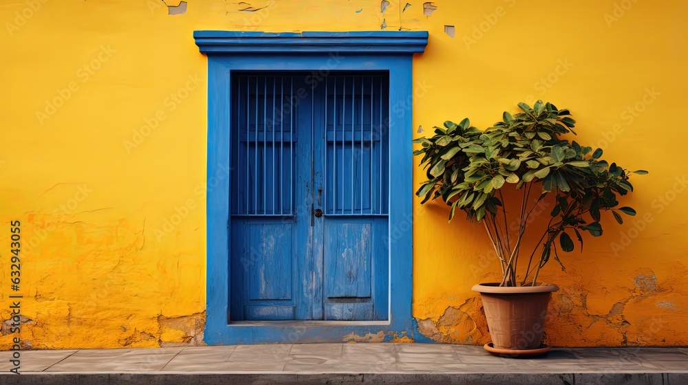 Fototapeta premium blue door inyellow wall, cute architecture background with pot plant, Generative Ai