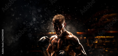 Strong boxer standing in pose and ready to fight. Dark dramatic stadium background. Banner with copy space. Shallow field of view.