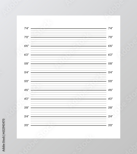 Police wanted picture template. Lineup backdrop. Criminal measurements with lines in inches. Mugshot board. Mug shot background. Criminal measuring concept. Vector illustration. Identification frame