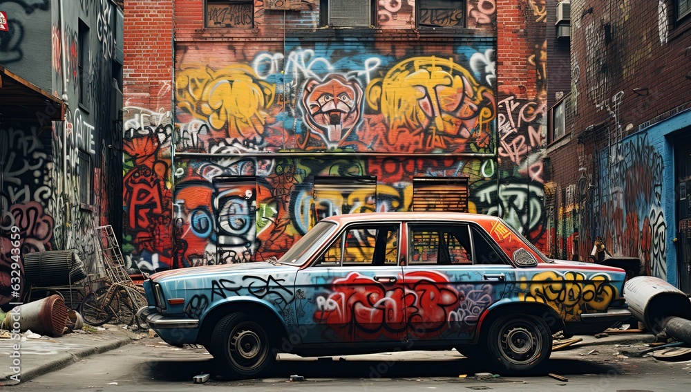 close up graffiti car with city wall full of messy graffiti art illustration, Generative Ai close up graffiti car with city wall full of messy graffiti art illustration, Generative Ai