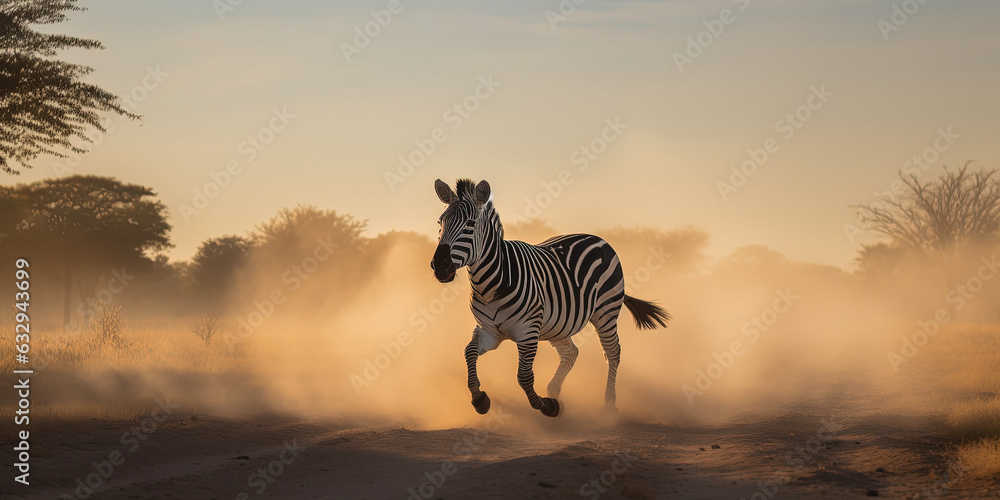 Fototapeta premium Zebra running through the steppe
