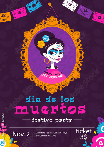 Mexican day of the dead holiday invitation template with portrait of dead girl and flowers in pink, blue and purple shades.