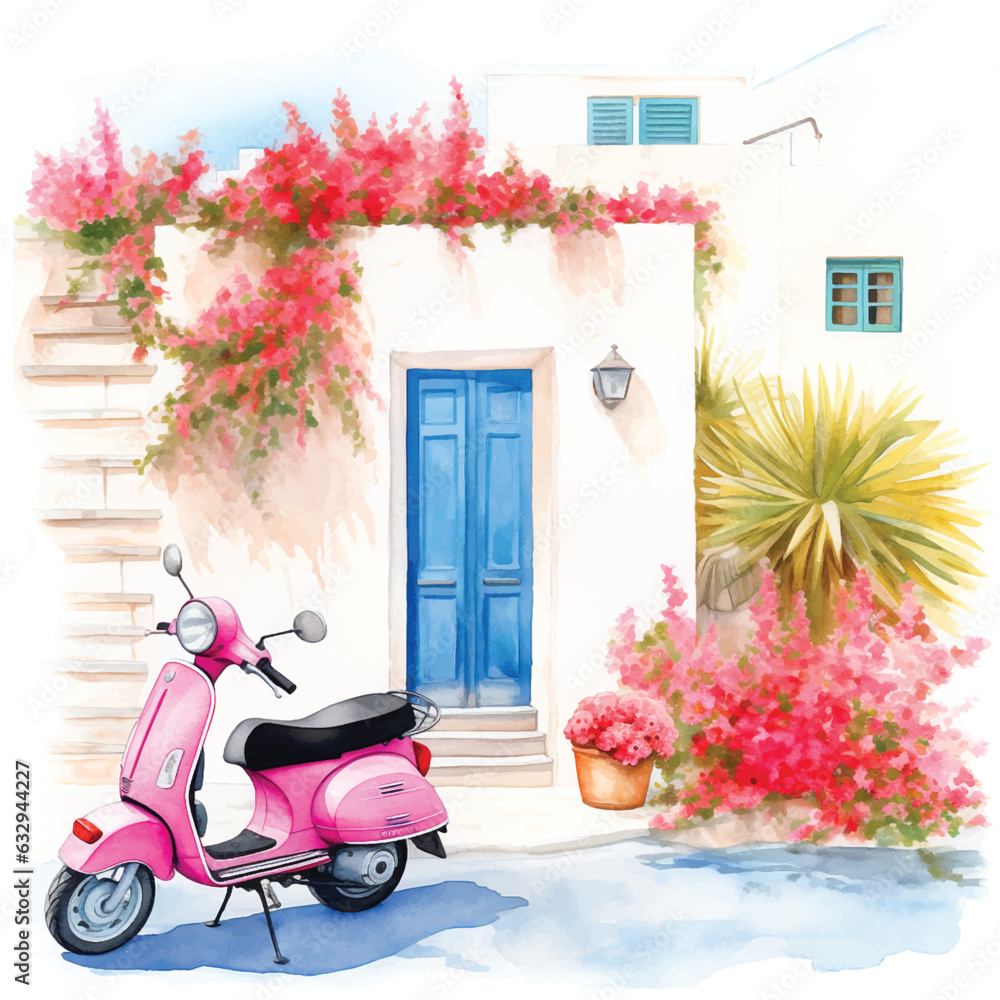 Vintage motorcycle in a tourist town watercolor painting vector.