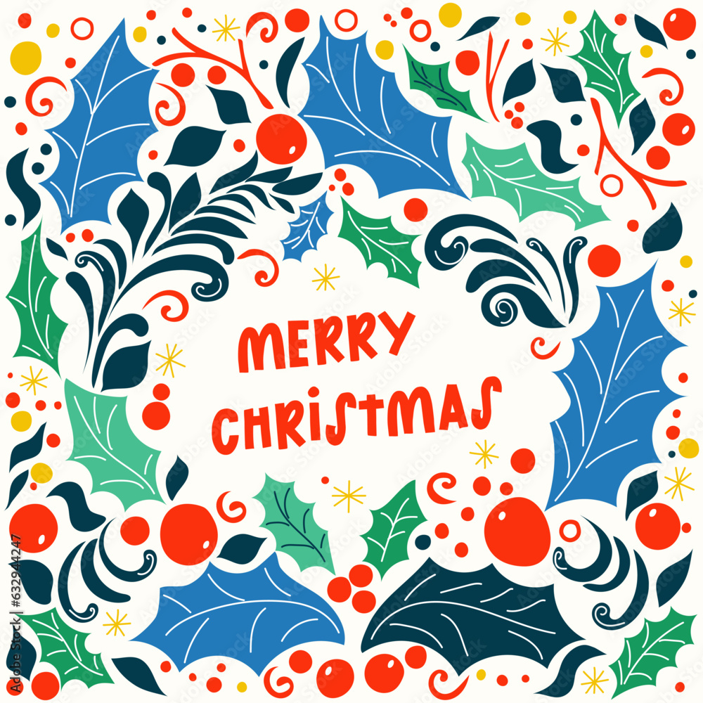 ready-made Christmas card with sharpie and berries in rartun style in blue and red colors with simple formals