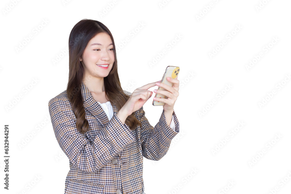 Professional young Asian business woman office worker with black long hair wearing a plaid suit and pretty happily using a smartphone while isolated on white background. Professional young Asian business woman office worker with black long hair wearing a plaid suit and pretty happily using a smartphone while isolated on white background.