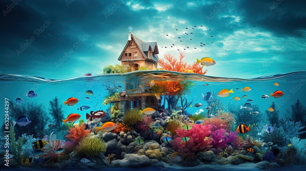 a small cabin with half above water half underwater, coral reef with fish swimming around, Generative Ai