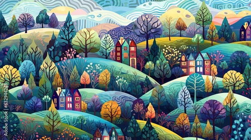 painting style illustration, beautiful village on hill with nature Autumn landscape, Generative Ai