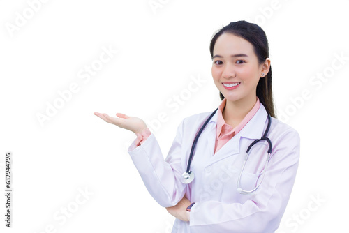 Asian professional young female doctor shows her hand to present something in office at hospital while working isolated on white background.