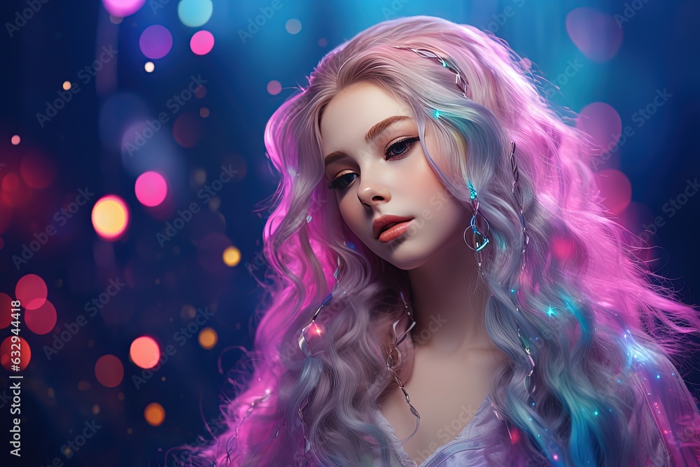 close up face portrait of pretty girl with glitter glow fairytale light dreamy background, Generative Ai
