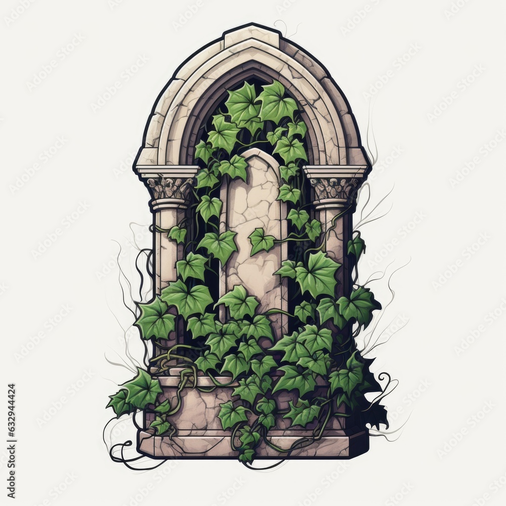 A drawing of a window with ivy growing on it. Digital image.